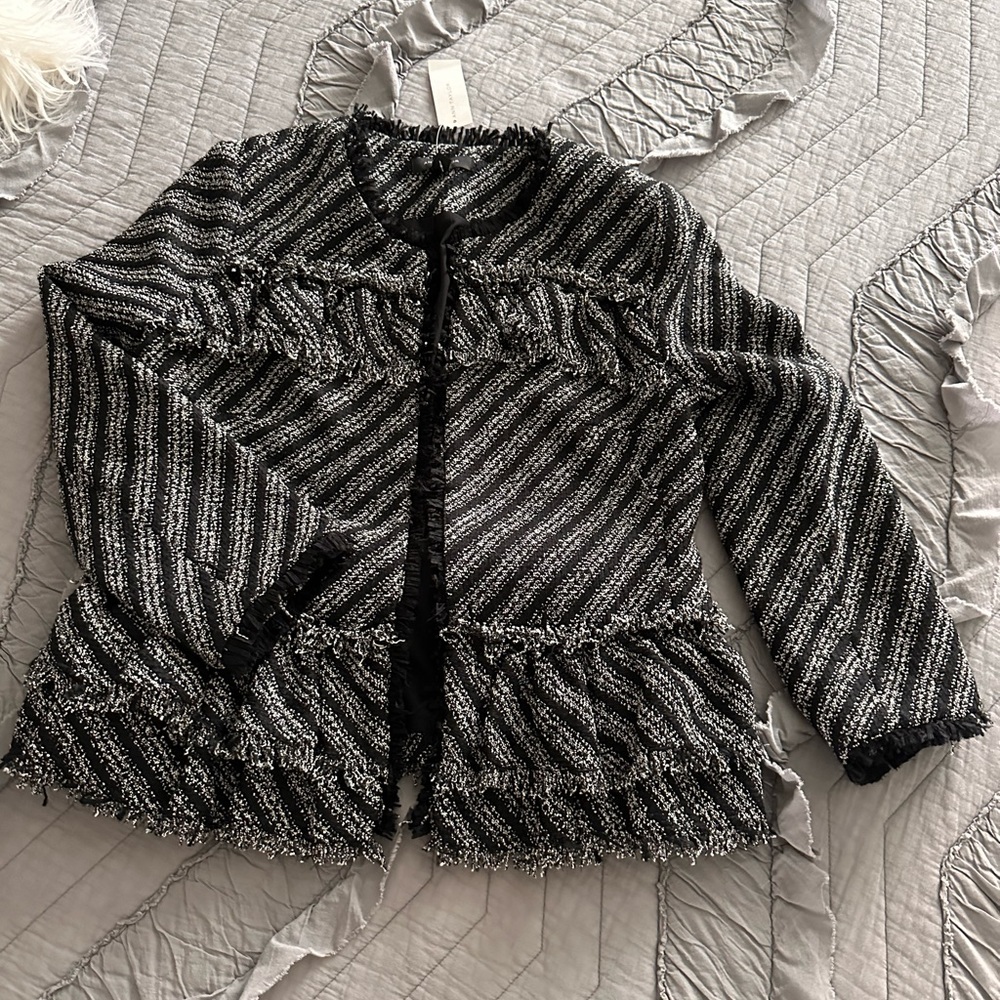 Ann Taylor Tweed Fringe Jacket Size 8 Versatile Hook Closure Gray Black NWT